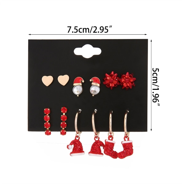 6 par röda julörhängen Kit Tiny Söt Tomtehatt Stud Örhänge Xmas Stocking Hoop Dingle Örhängen Smycken för kvinnor