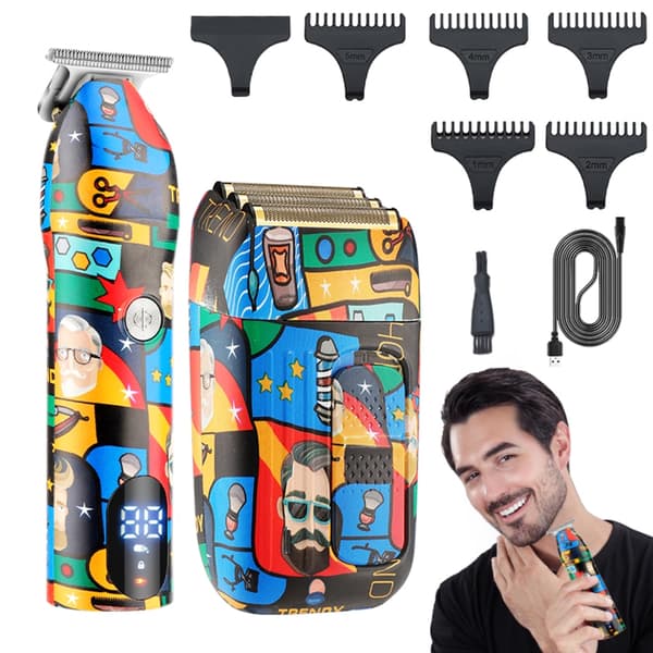 LCD Display Mænd 2 i 1 Graffitis Hårklipper Barbermaskine Sæt med 5 Kamtilbehør