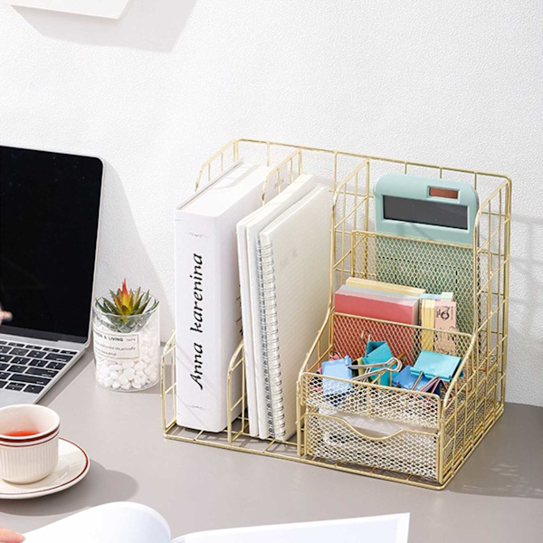 Mesh Desk Organizer med låda Skrivbord Organizer Hållare 6 fack Klar Klassificering 7x10x9Inches för Office School