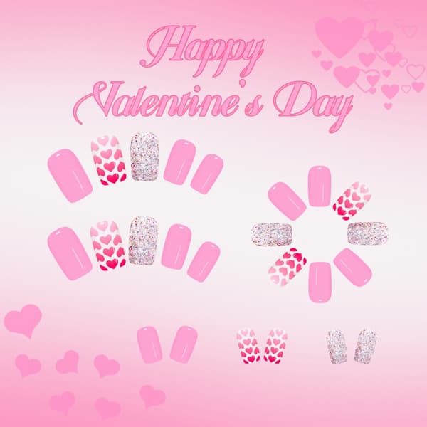 Romance Glitters Hjerte Press On Negle 24 Stk Valentinsgave til Kvinder Piger