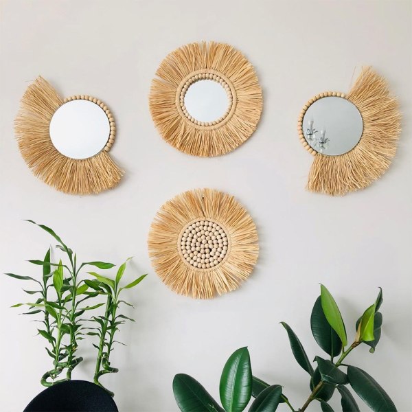 Marockanskt vävt halmhängande väggspegel Boho Macrame Träpärla Gobelängdekor null - A3