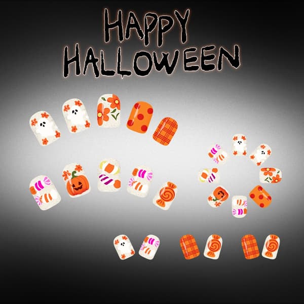Halloween Press On Sæt 24 Stykker, Græskar Slik Ferie Stil