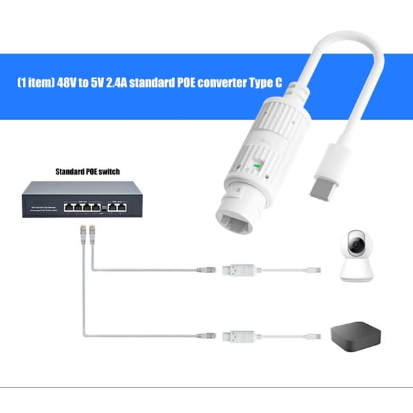 Tehokas POE-Type C -adapteri 48V - 5V 2.4A Type C -ulostulo kotiin