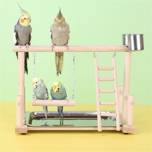 Fågel Abborre Trä Stativ Leksak Papegojor Lekställ för parakiter Cockatiel Conure med matningskoppar Stege Gungleksak