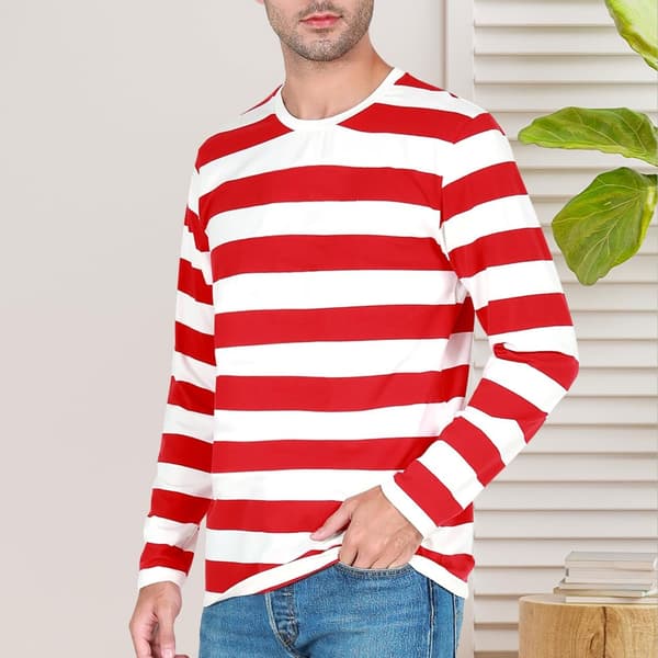 Stribet langærmet T-shirt med rund hals til mænd, basic afslappet top Red M