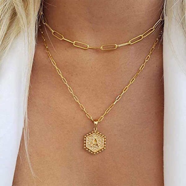 Layered Choker Halsband Dam Guld Layering Gem Kedja Halsband Enkelt justerbart Hexagon Pendant Halsband null - A