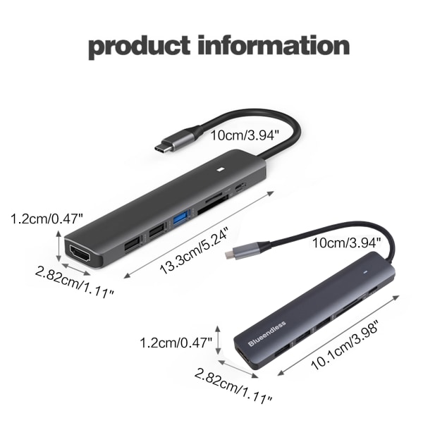 Blueendless Type-C Hub USB3.0 2.0 HDMI-kompatibel PD SD TF Adapter USB Splitter för dockningsstation för bärbar dator Alloy Dock 7 in one