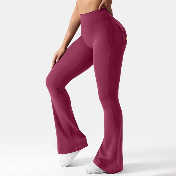 Dam Cargo Byxor Hög Midja Mode Utsvängda Elastiska för Träning Vida Ben Yogabyxor med Fickor Raspberry red M