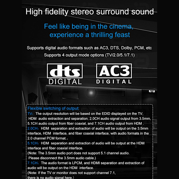 Audio Extractor för 8K60Hz HDMI-kompatibel 2.1 Splitter Adapter 8K60Hz 4K120hz Stöd för optisk/koaxial/3,5 ut DTSHD US