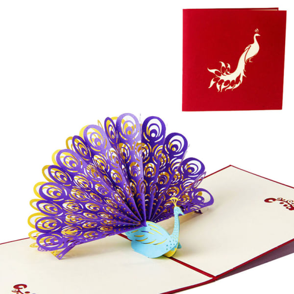 3D för Pop Up Färgglada Peacock gratulationskort Tackmeddelande Välsigna kort för födelsedag Julbröllopsfest Handgjorda Cr Purple red