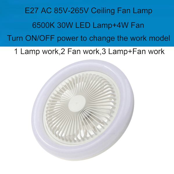 2-i-1 fläktlampa E27 LED-ljus 30W takfläkt 3-växlad justerbar AC 85V-265V för förskola Hemmakontor Sovrum Kök