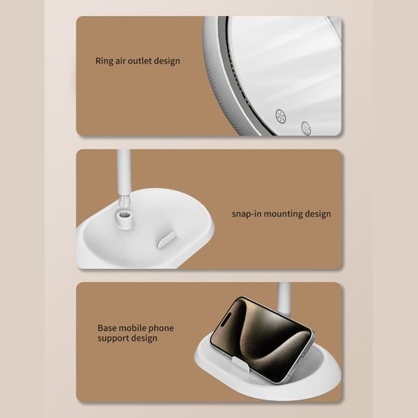 Genopladeligt makeup-spejl med ventilator og LED-ramme til skrivebordsbrug