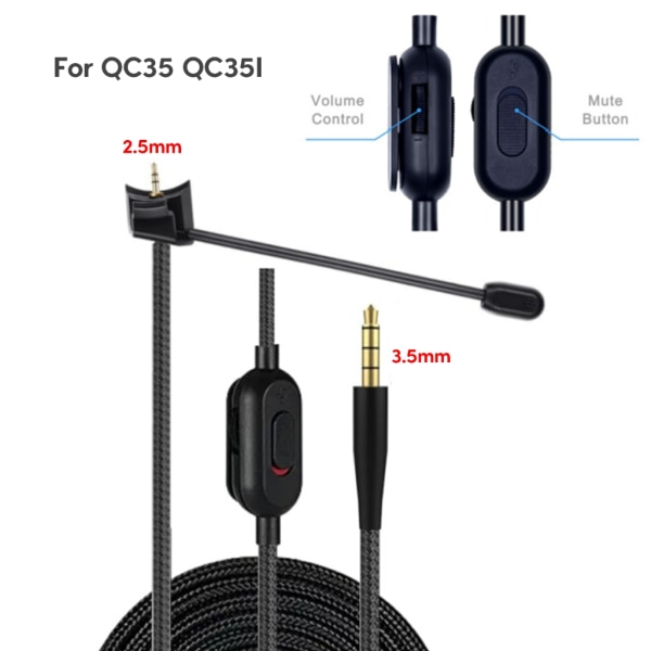 Nylon 3,5 mm till 2,5 mm Headsetkabel Bom Mikrofonkabel för QC35 QC35II hörlurar Klar ljudsladd 1,8 meter Black