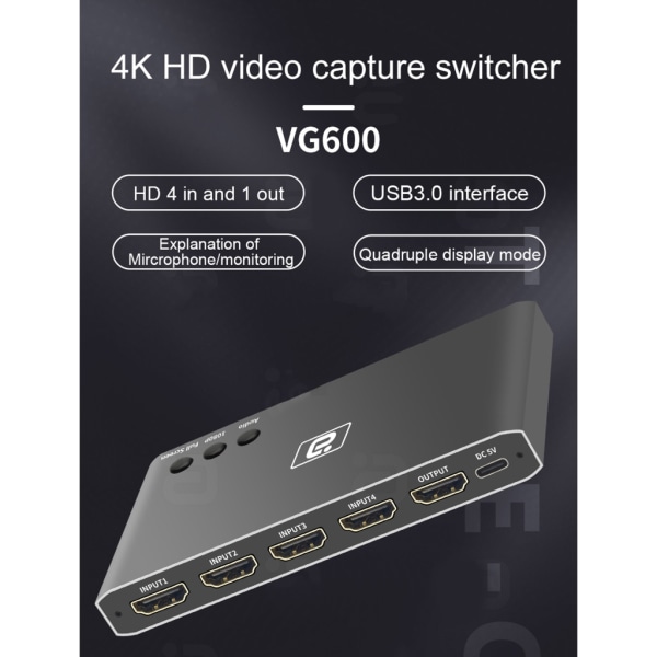 VG600 HDMI-kompatibelt 2.0 Video Capture Card USB3.0 4 in 1 Out Switcher Smidig ljudinspelning och sömlös switchbox US