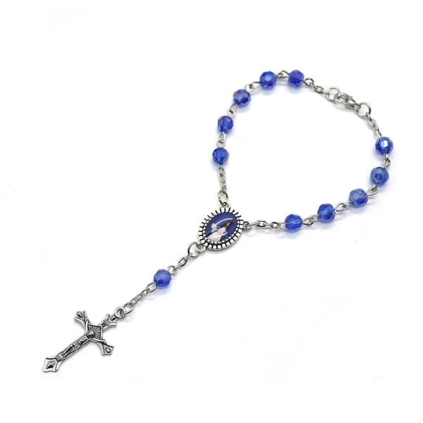 Christian Jesus krucifix för kors Rosenkrans pärlor Armband Charm Link Chain Armband för kvinnor Flickor Födelsedagspresent Blue