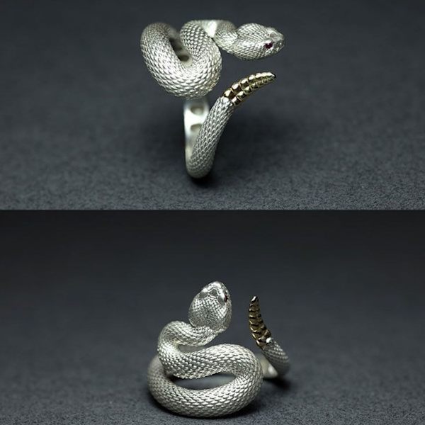 Skallerorm Ring för Kvinnor Män Retro Silver Färg Snake Kvinnlig Ring Justerbar Punk Ring Goth Par Smycken Present Black - B Open