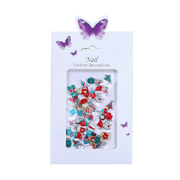 Jul Nagelberlocker 3D Nagelkonst Dekoration Snöflinga Ren Julgran Strumpor Nagelstrass Metall Nagel Nitar
