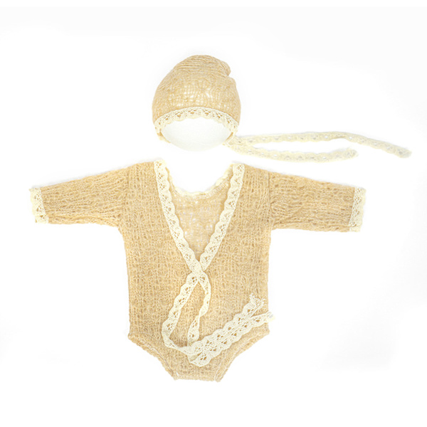 Nyfödd Fotografi Rekvisita 2st Baby Foto Rekvisita med Turban Hatt Kudde Jumpsuits Mohair Kostym för Pojke Flicka