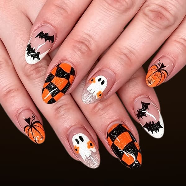 Halloween Græskar Flagermus Press On Manicure 24 Stk. Ovalt Sæt til Feststyling