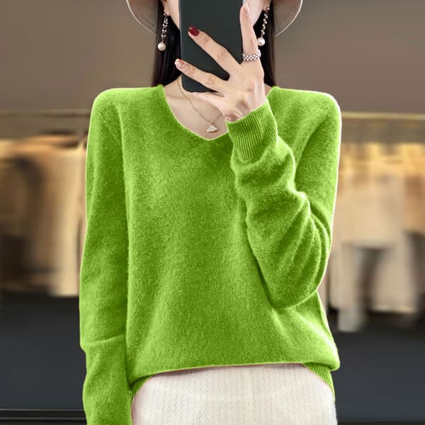 Dam V-ringad stickad tröja Casual lös långärmad pullover Jumper Toppar Fruit green M