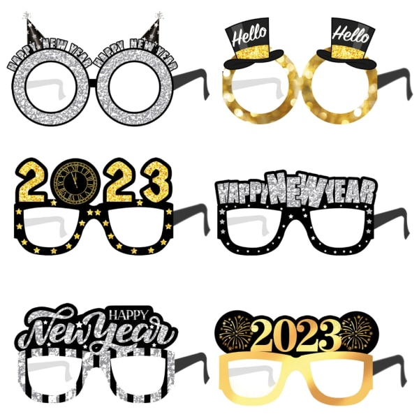 6st Gott Nytt År Glasögon 2023 Glitter Pappersglasögon Ram Photo Booth Rekvisita för nyårsfest firande Style 3