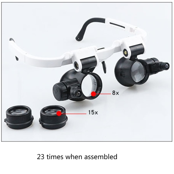 Uppgraderad kikare förstoringsglasögon med huvudmonterad förstoringsglas Pannband Förstoringsglasögon med LED-ljus Juvelerare Lupp 8X15X23X