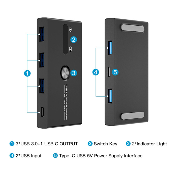 Type C og USB 3.0 Switcher til Dobbelt Computer Enhed Deling USB A Type C
