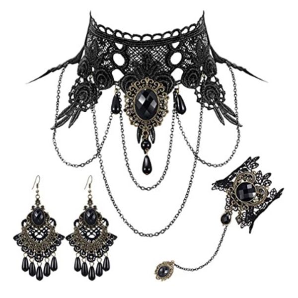 Svart Choker Spetshalsband med armband och örhängen Set Gothic Vintage Witch Smycken för Halloween kostym bröllop
