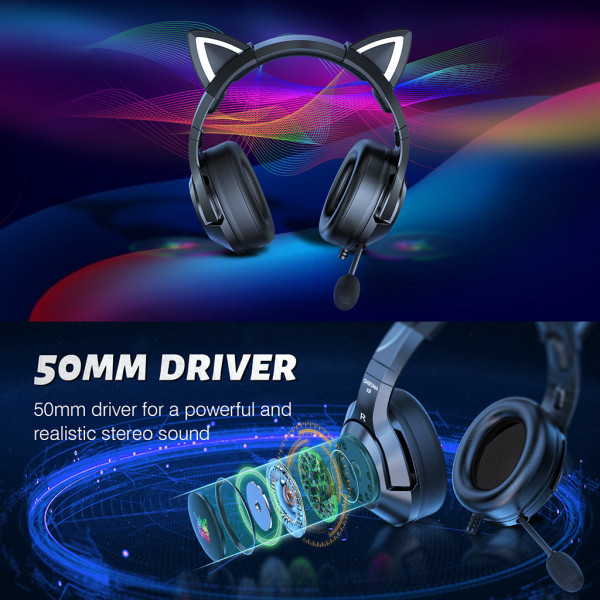 ONIKUMA K9 Gaming Headset för Gilrs Boys PC Stereo Gaming Hörlurar USB7.1 Med Mic för Cat Ear Deco LED-ljus för Lapt Pink 7.1 channel