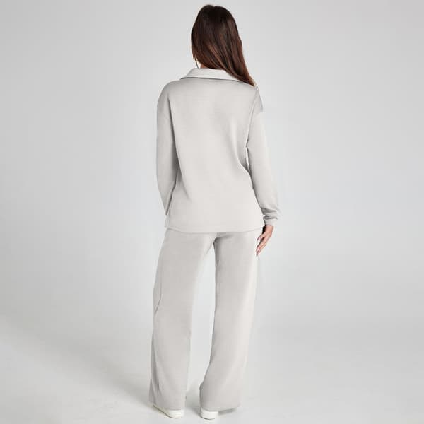 V-ringad långärmad topp med dragsko i midjan och vida ben, perfekt för semestern Light gray M