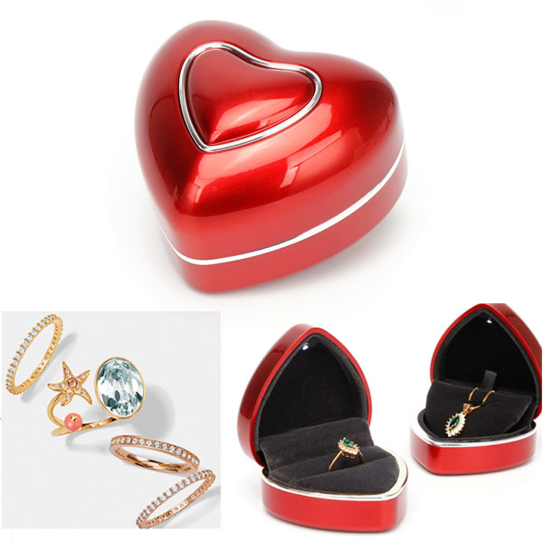 Hjärtformad LED-ljus Bröllopsring Box Förlovningsringar Halsband Smycken för Ca Black