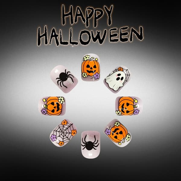 Manikyrsett med Halloween-tema med gresskar- og spindelvevdesign