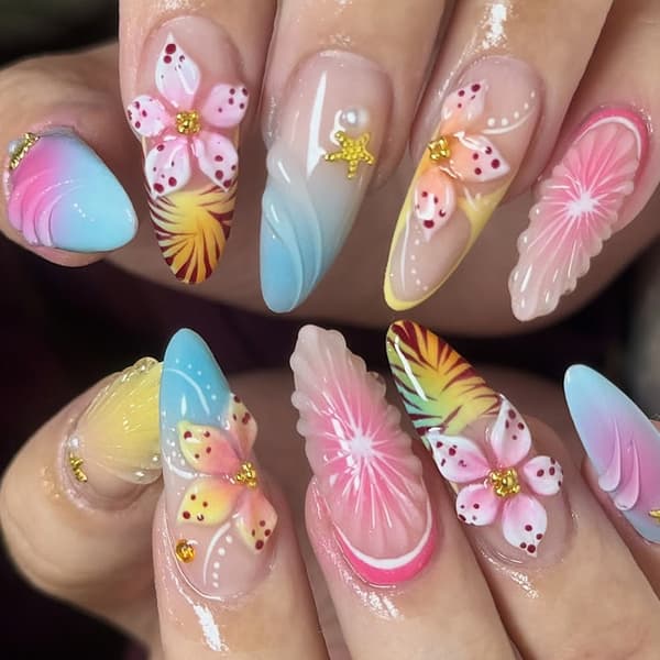 ABS Press On Nail 24 delar fransk spets blomma gradient design för semester