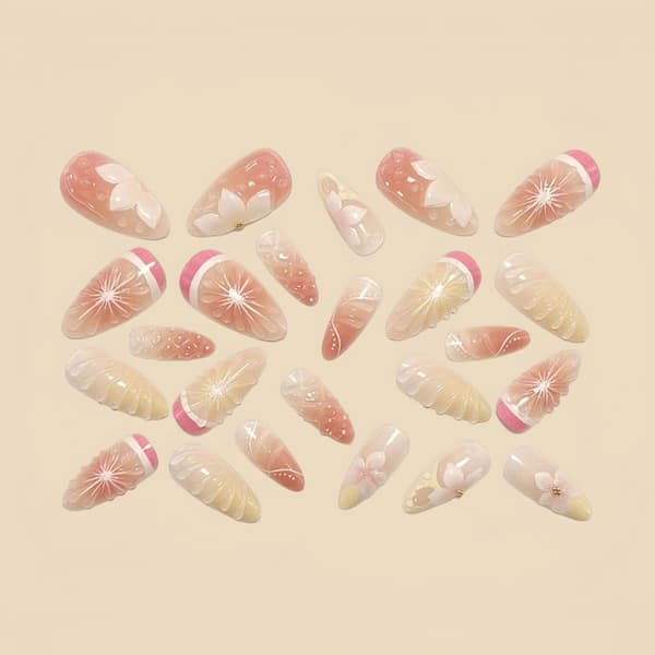 Dekorativ Press On Manicure med 3D Blomster Pink Gradient Stil