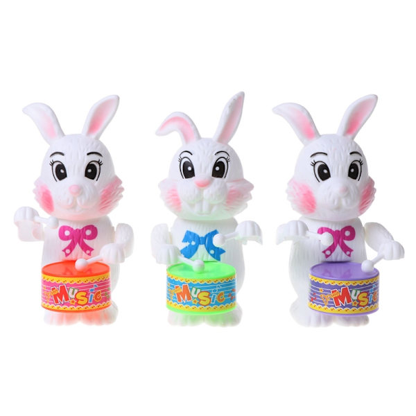 5 tum Uppdragbar Leksak Tecknad Kanin Trumleksak Mini Urverksleksak med Fjäder Interaktiv Leksak för Baby Barn Party Favor