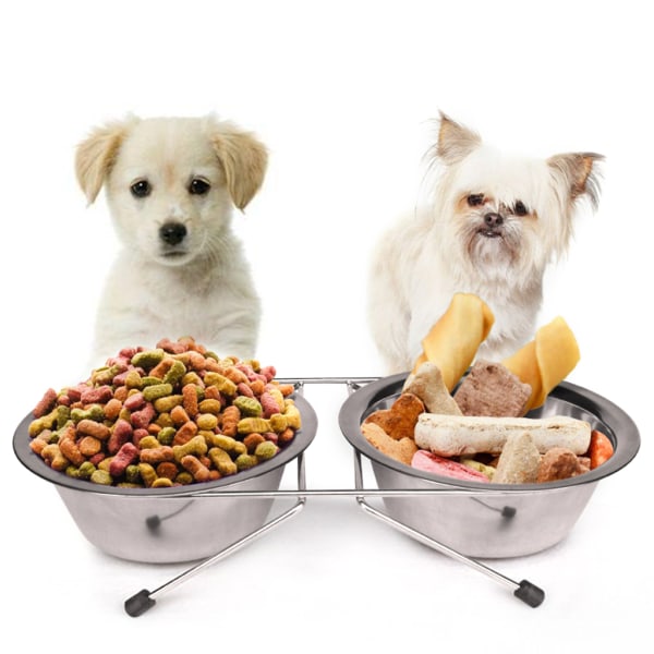 Dubbel hundskål foderstation för husdjur i rostfritt stål vatten- och matskålar med halkfritt stativ för katter Valpar små hundar
