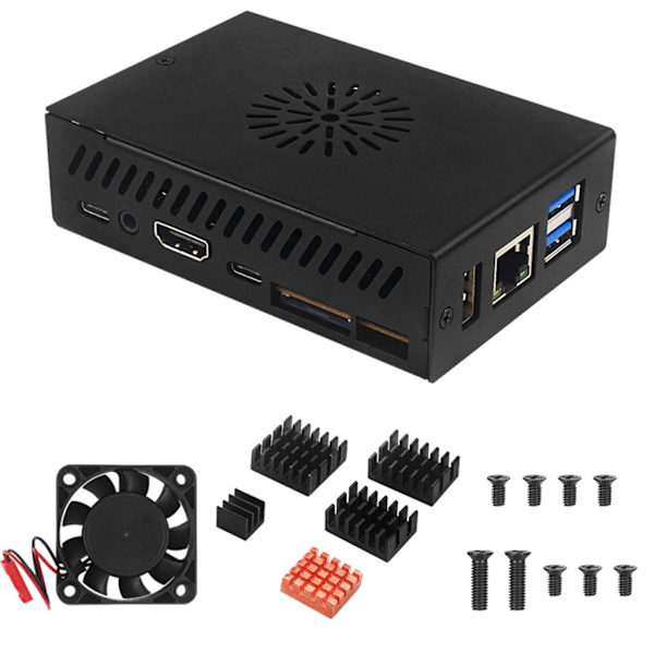 til Orange Pi 5/5B Kabinet Køleplade Blæser Metal Kabinet med 5V Køleblæser og 5 stk. Aluminium Køleplader Oplader Antenne