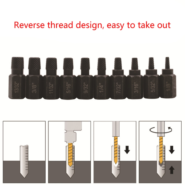 10 st Heavy Duty skruvutdragare Set Skruv och bult Extractor Set för att ta bort trasiga skruvar, bultar, dubbar, beslag,