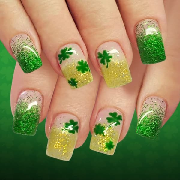 24 st gröna klövergradient glittrande press-on-naglar för St. Patrick's Day