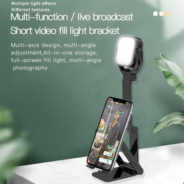 5W hopfällbar telefonhållare med justerbart fyllningsljus Smartphone bordsställ för selfie Livestreaming videofotografering