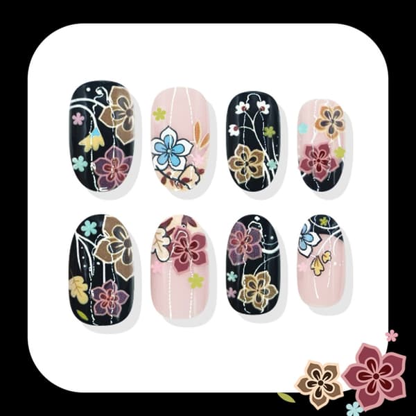 Blomster Press On Manicure i Kort Oval Form til Daglig Styling Kunstig Negl