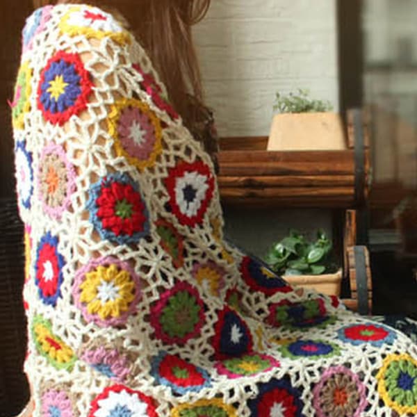 Boho Handgjord Virkad Soffa Tröja Färgglad Blomma Tröja Stil Mat Dekor