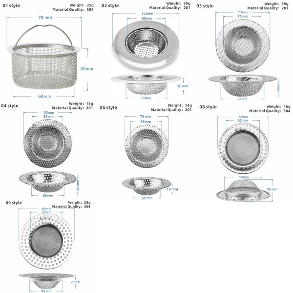 Köksdisksil i rostfritt stål Matuppfångare för de flesta diskbänksavlopp, anti-tilltäppning av mikroperforeringshål A