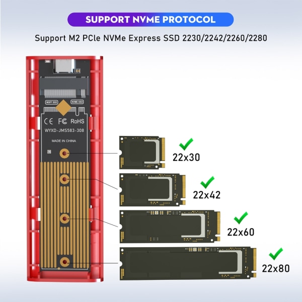 M2 NVMe SSD-låda verktygsfritt case- Type-C 3.1 Gen2 till NVMe PCIe externt hölje för M2 NVME-hårddisk null - With two in one