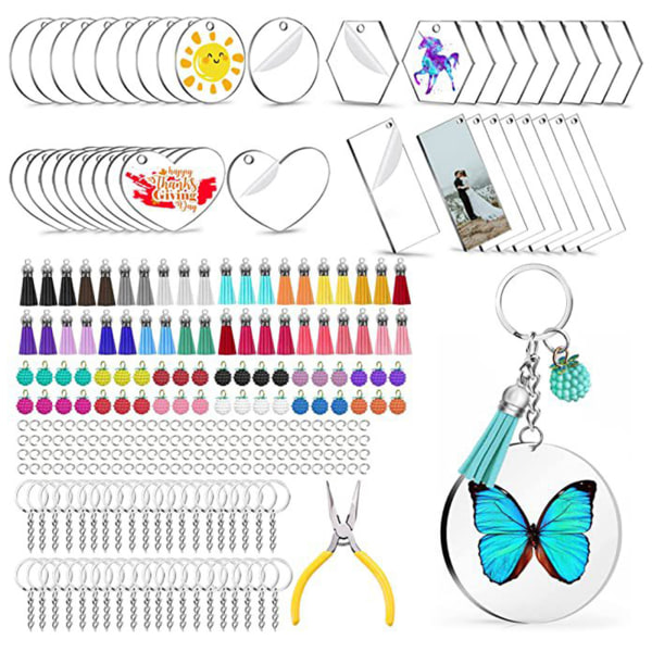 Akryl Nyckelring Blank Transparent Ornament Hängen Nyckelring Tofsar för Nyckelringar Hoppringar Set för DIY Craft