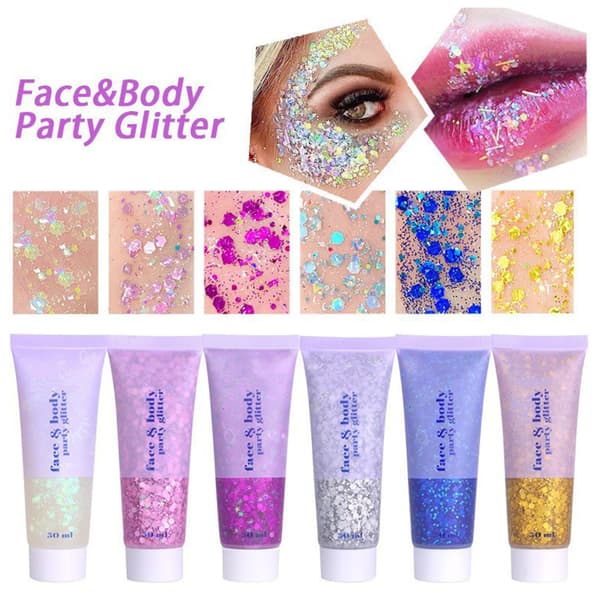 Glitter Face Gel -setti 6 kpl juhlimeikkipaljetteja asukoristeeksi