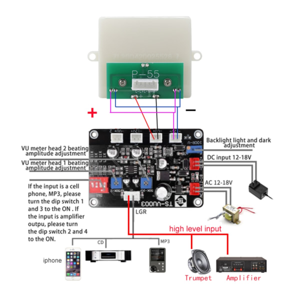 P-55SI-HS-S0294 VU Meter Hög precision Stereoljudförstärkare Bakgrundsbelysning med Driver Board Ljudnivåmätare för gör-det-själv-hem