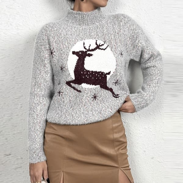 Dam Casual Söt Tryckt Långärmad Julstickad Tröja Light gray M