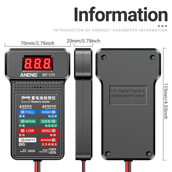 12V bilbatteritestare, lasttestare Bilgeneratortestare Digital bilbatterianalysator Laddningssystemtestare