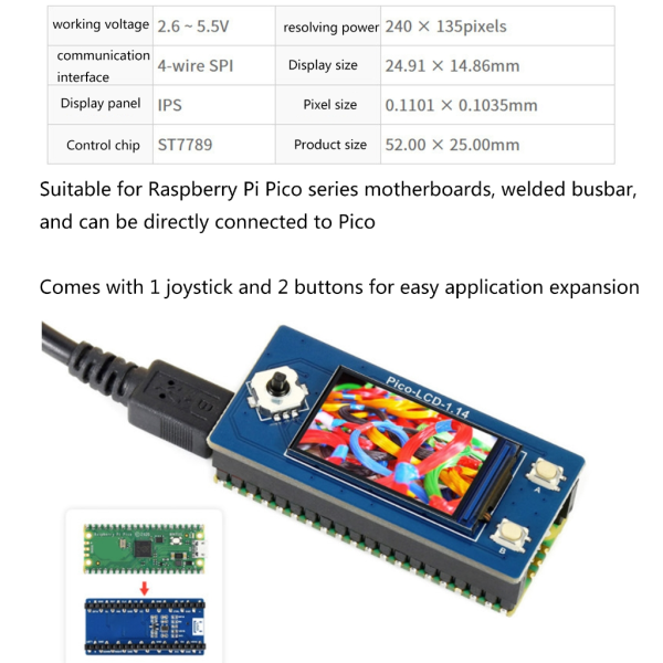 1,14 tums LCD IPS-skärmmoduler 65K RGB färgskärmsmoduler som använder SPI Bus 4-tråds SPI-gränssnitt för RPi